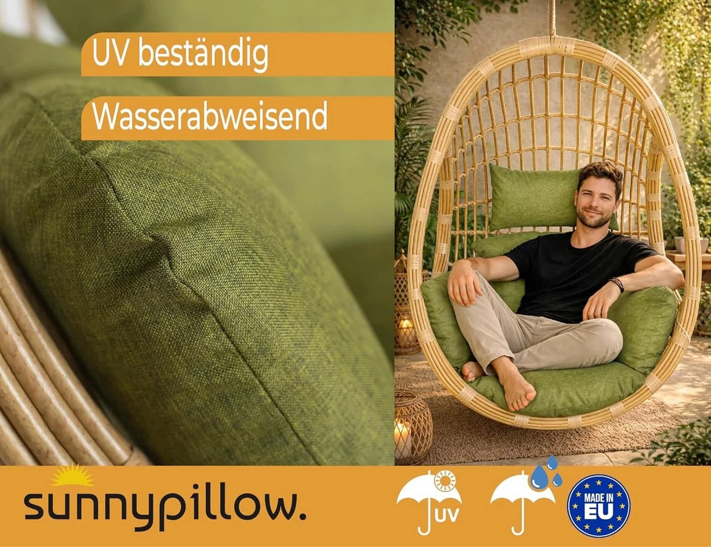 sunnypillow Hängesessel Auflage Grün für Rattan & Polyrattan Hängeschaukel - Bild 3