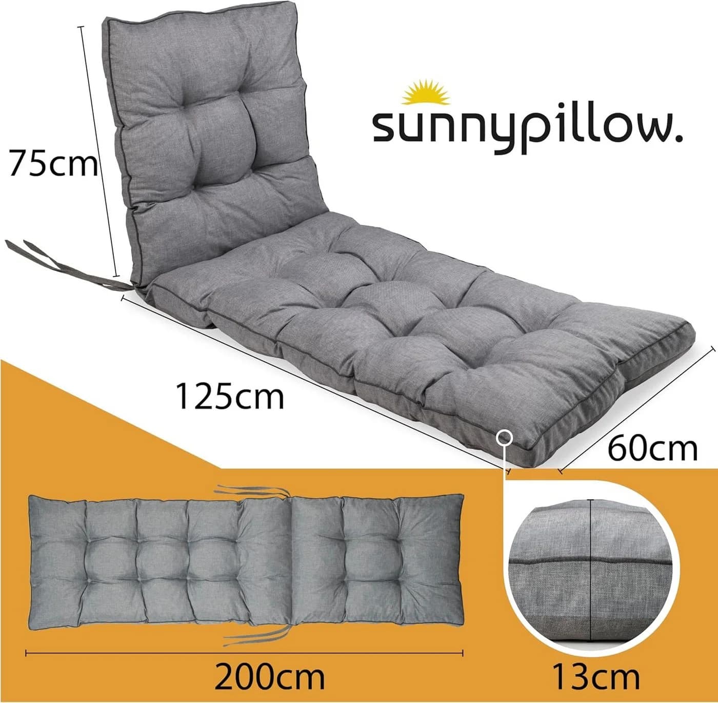 Sunnypillow Liegenauflage Grau 200x60cm Extra Dick - Bild 3