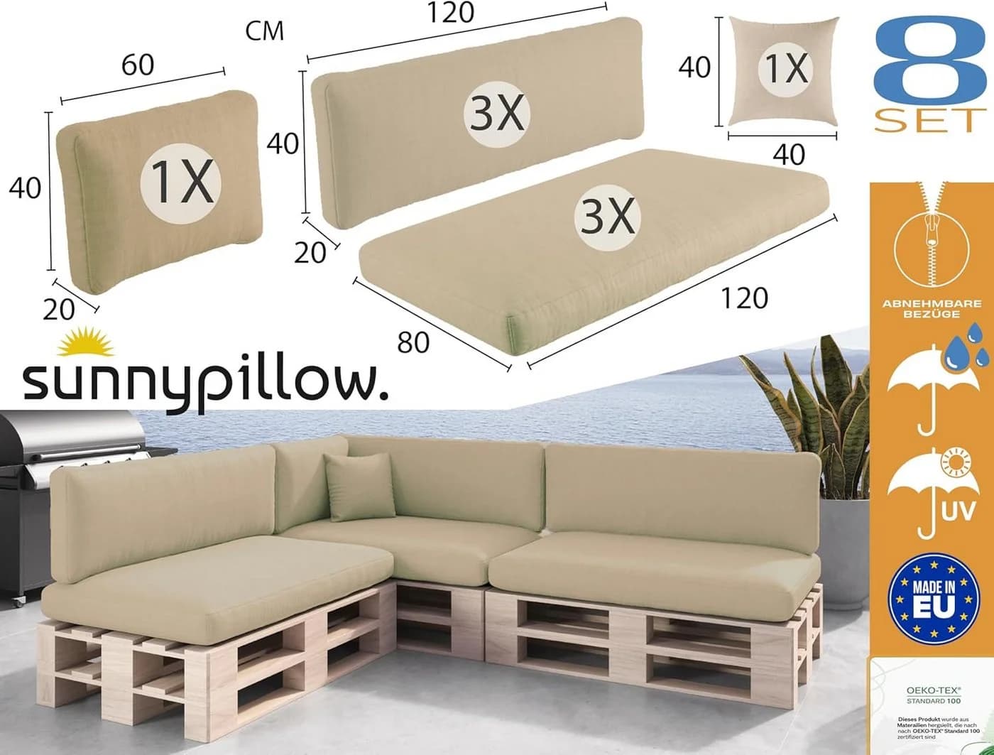 sunnypillow Palettenkissen Boston Set Palettenauflage Indoor Outdoor - Bild 3