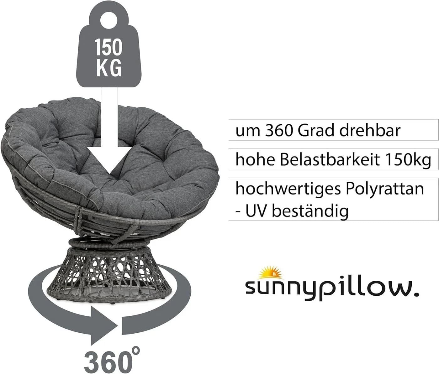 sunnypillow Rattanstuhl Papasansessel mit Kissen Anthrazit - Bild 3