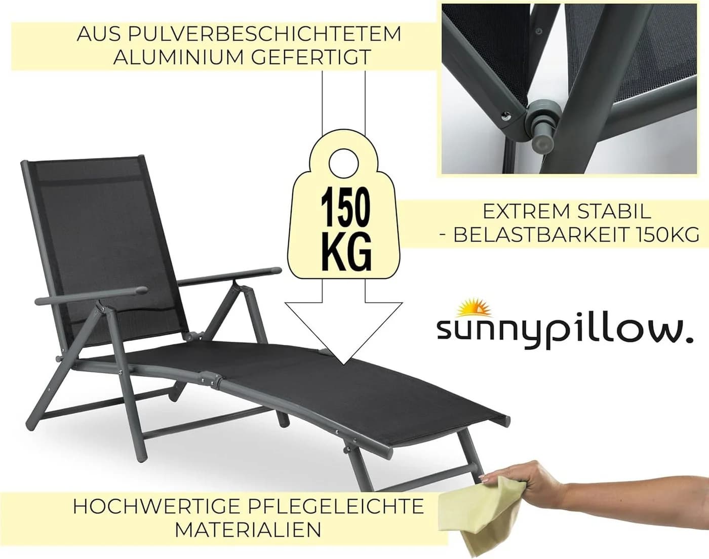 Sunnypillow Gartenliege Klappbar Anthrazit 150 kg Tragkraft - Bild 5
