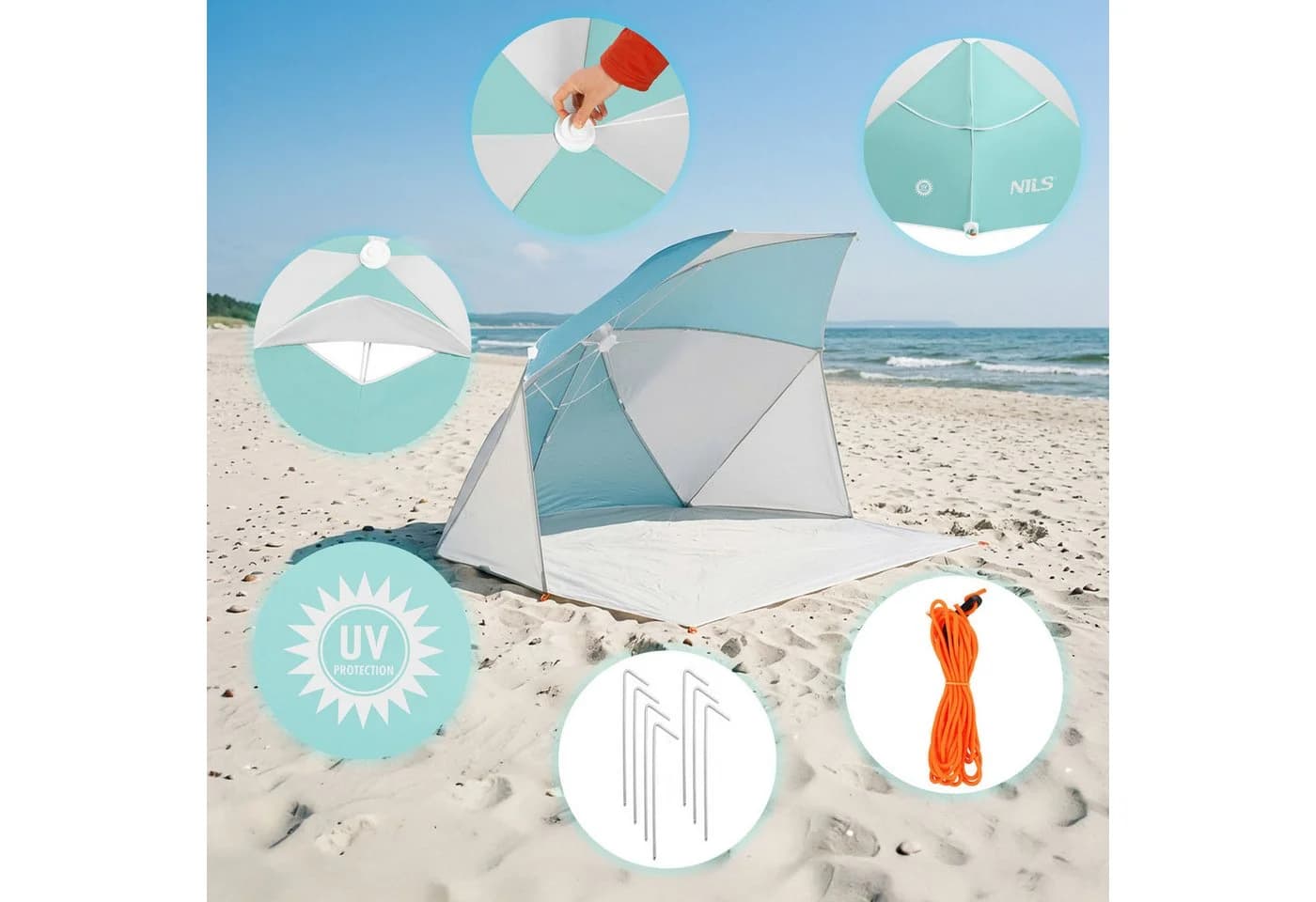 NILS Strandschirm 2-in-1 Windschutz blau mit Boden - Bild 4