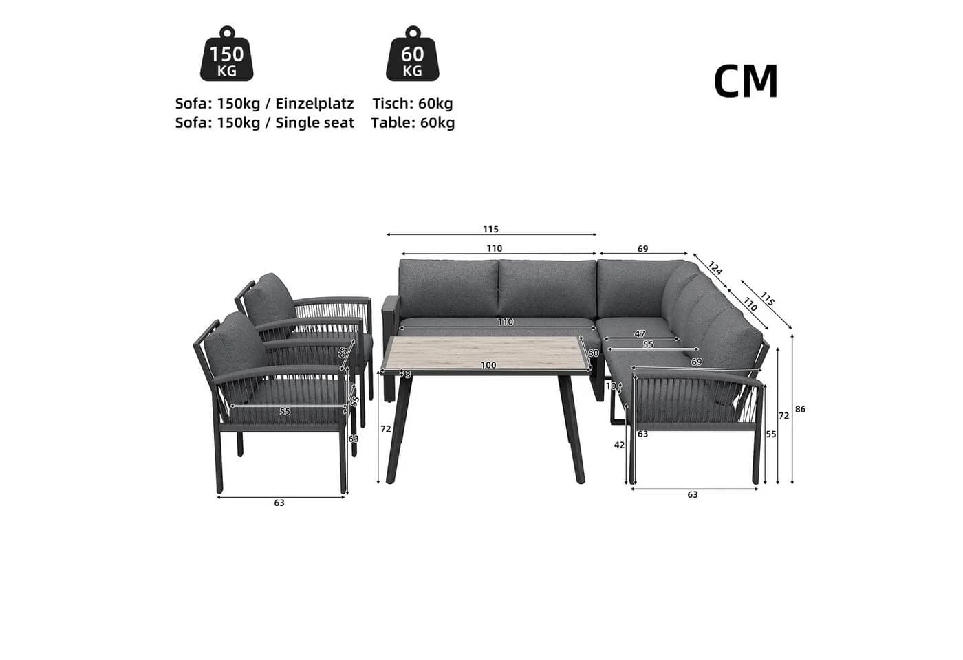 Celya Gartenlounge-Set für 8 Personen Seilwerk Grau