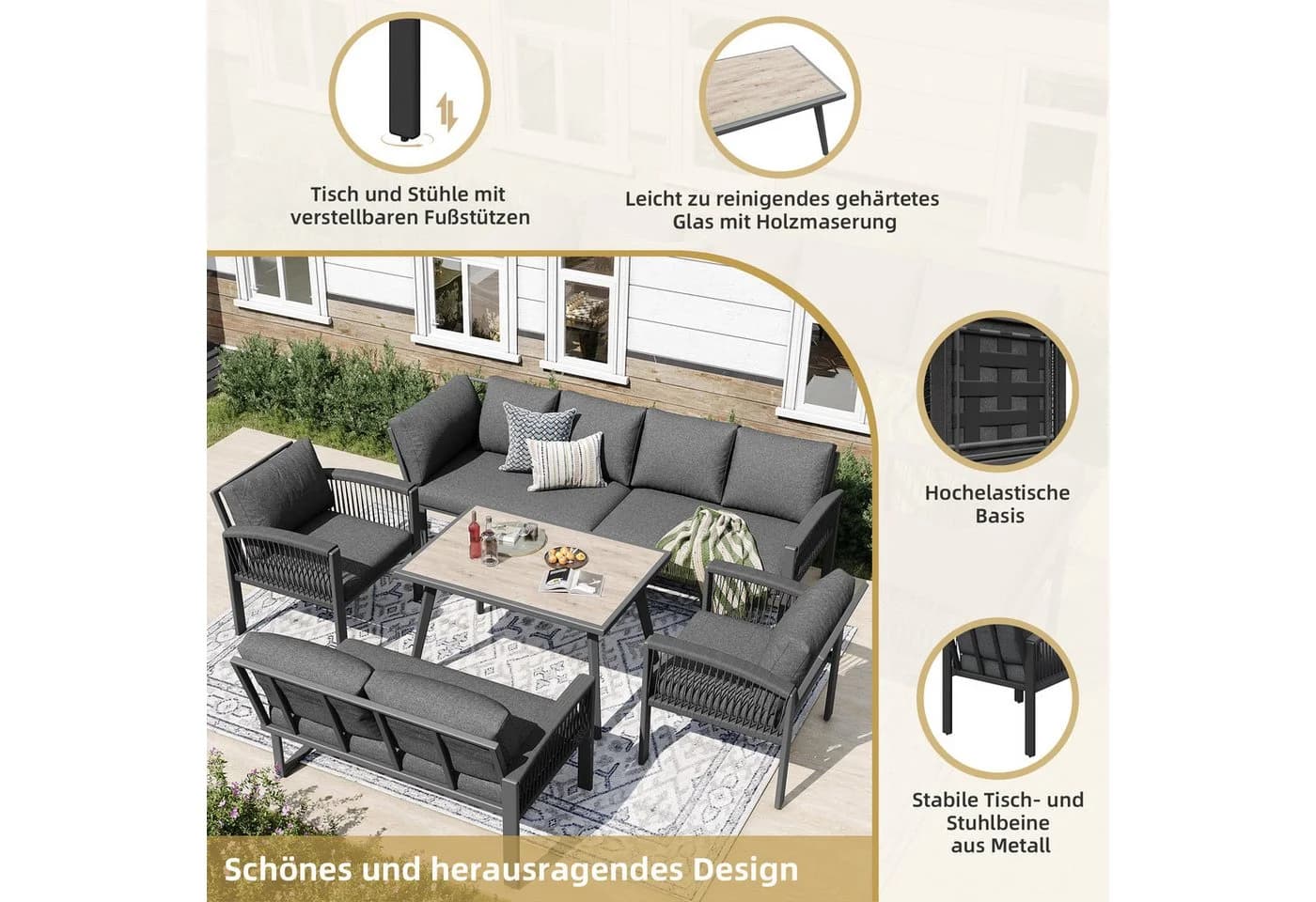 Celya Gartenlounge-Set für 8 Personen Seilwerk Grau - Bild 4
