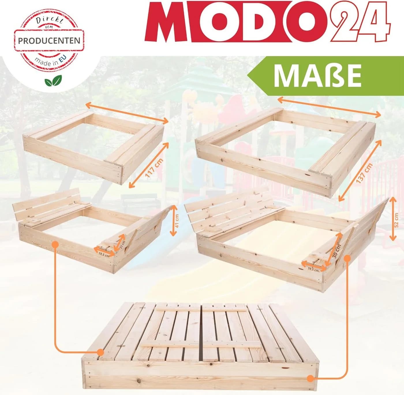 MODO24 Sandkasten mit Sitzbänken und Abdeckplane Kiefernholz