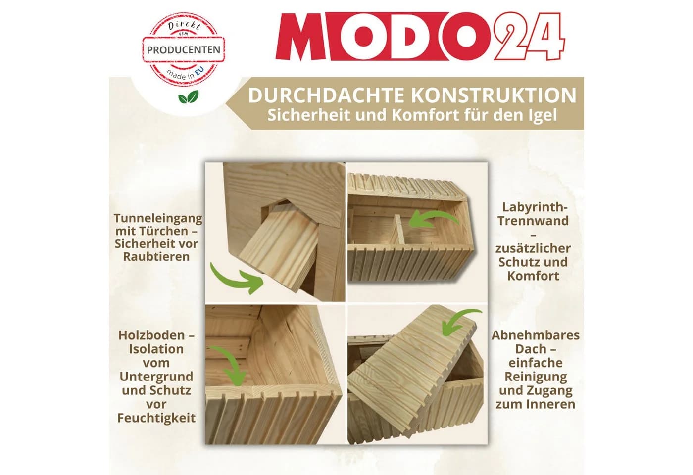 Modo24 Igelhaus mit Boden XXL Winterfest Igelhütte Labyrintheingang