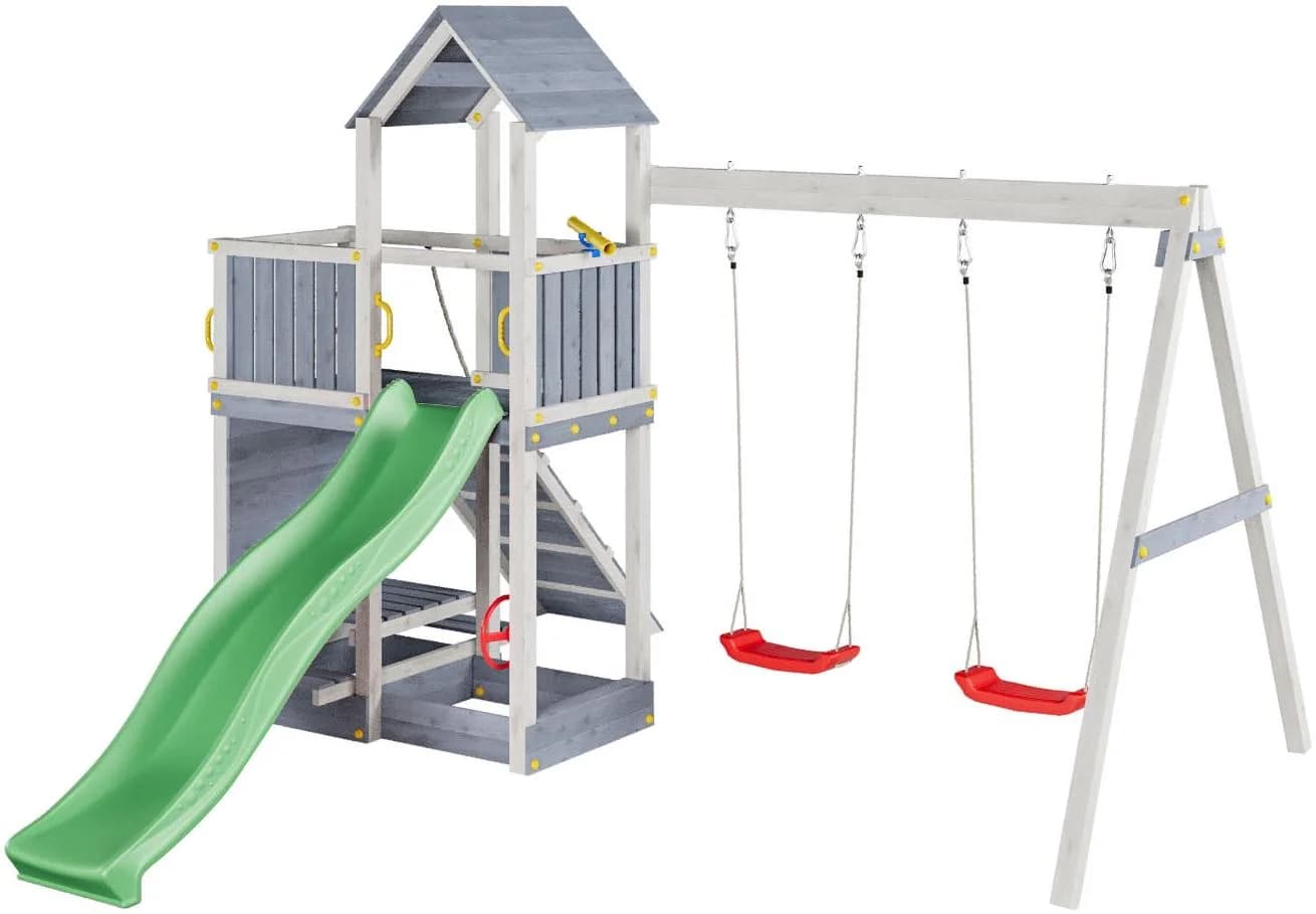 Fungoo FLOPPI Spielturm grau mit Rutsche, Schaukel & Kletterwand