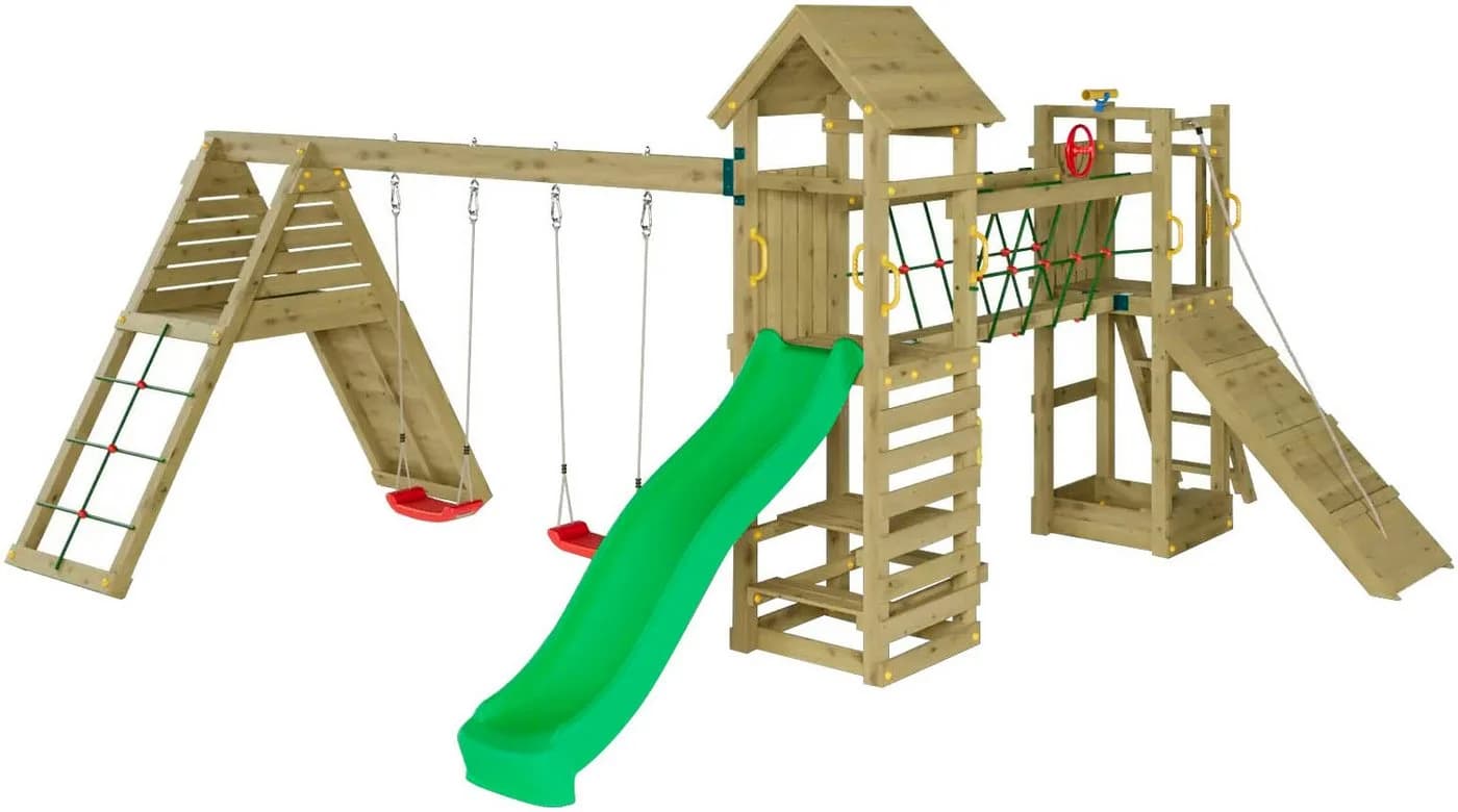 Fungoo Maxi Funny Carnival Spielturm Grün Holz mit Rutsche und Schaukeln - Bild 2