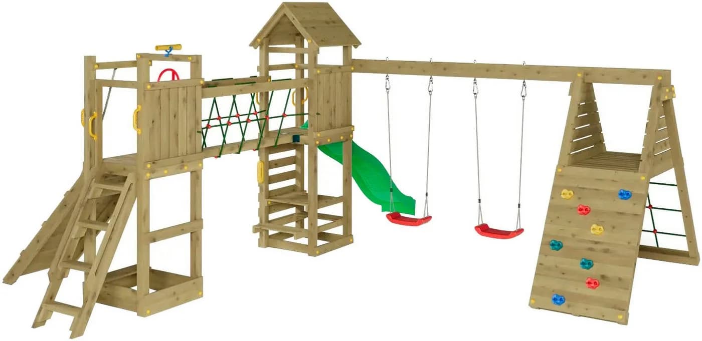 Fungoo Maxi Funny Carnival Spielturm Grün Holz mit Rutsche und Schaukeln - Bild 4