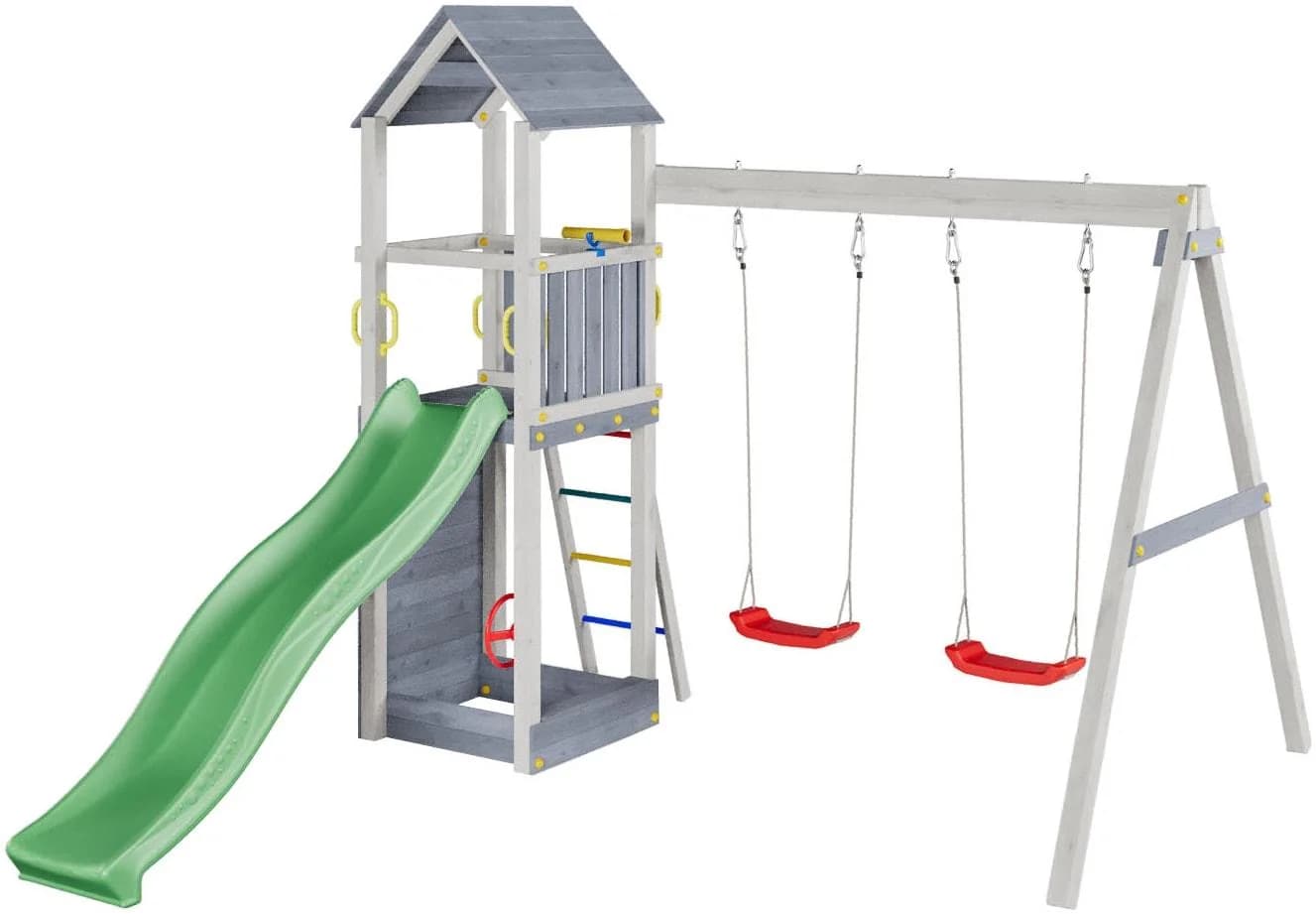 Fungoo FLAPPI Spielturm grau/weiß mit Rutsche und Schaukel