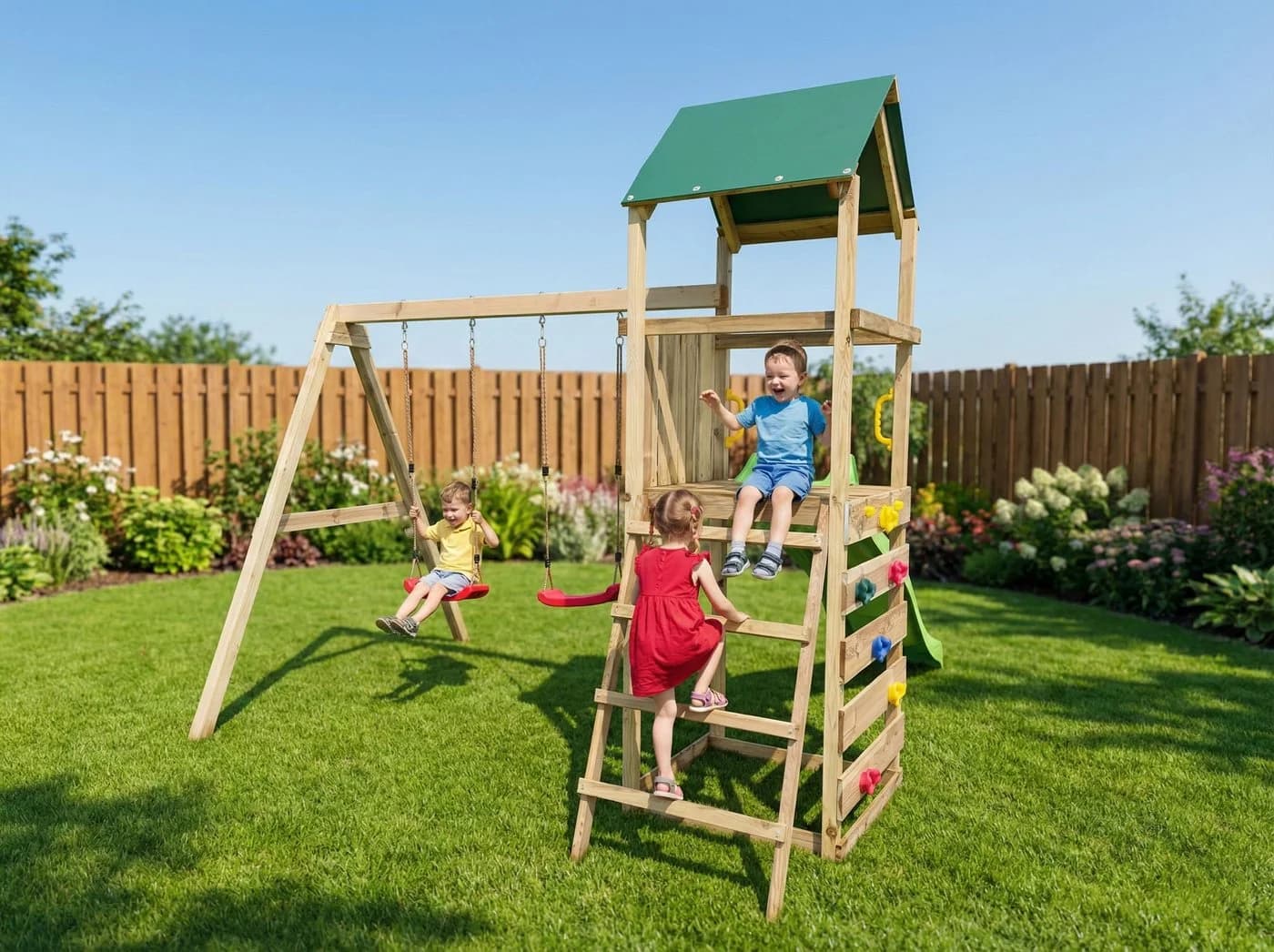 FUNGOO Spielturm MaxPlay 2.1 mit Rutsche, Doppelschaukel und Kletterwand - Bild 5