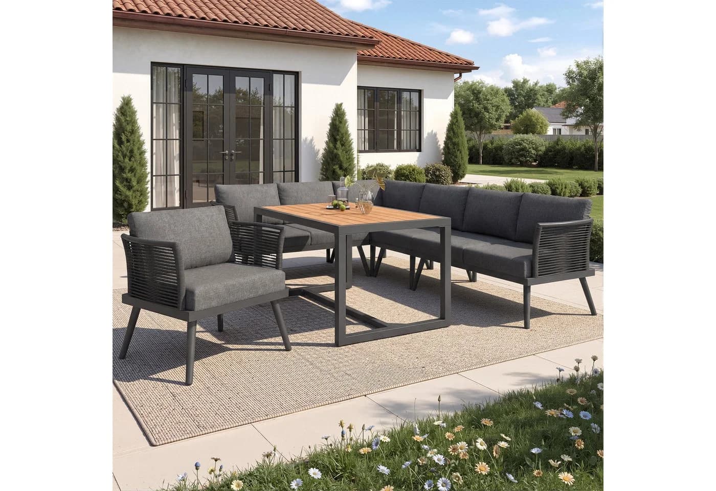 i@home Gartenlounge-Set 6-tlg. Siebensitzer mit geflochtenen Armlehnen
