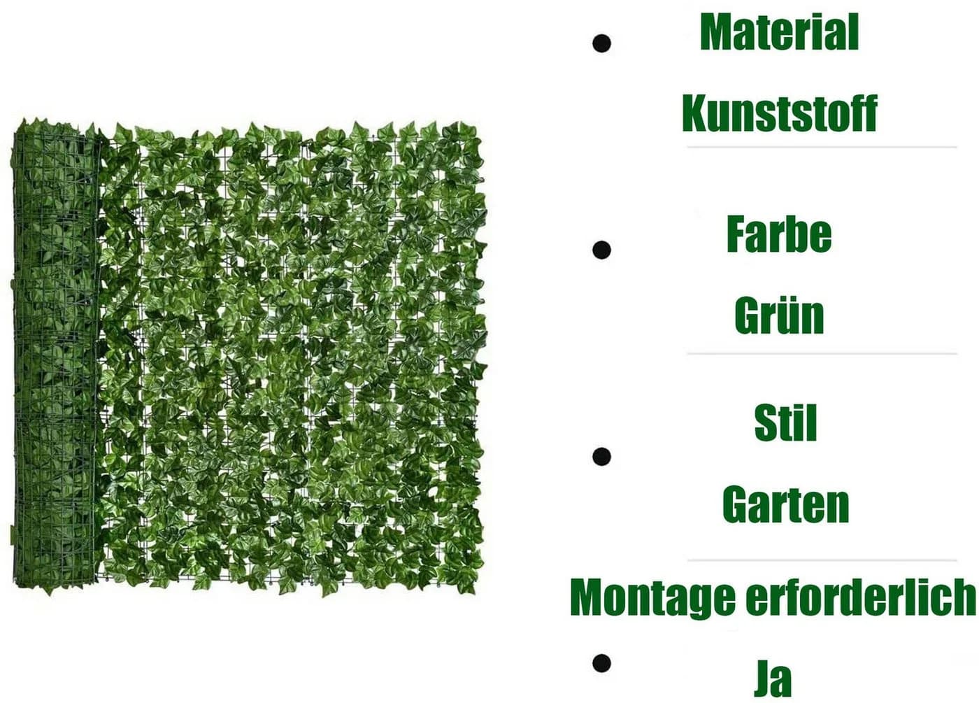 Agger Kunstranke Efeu Sichtschutz Grün 300 cm