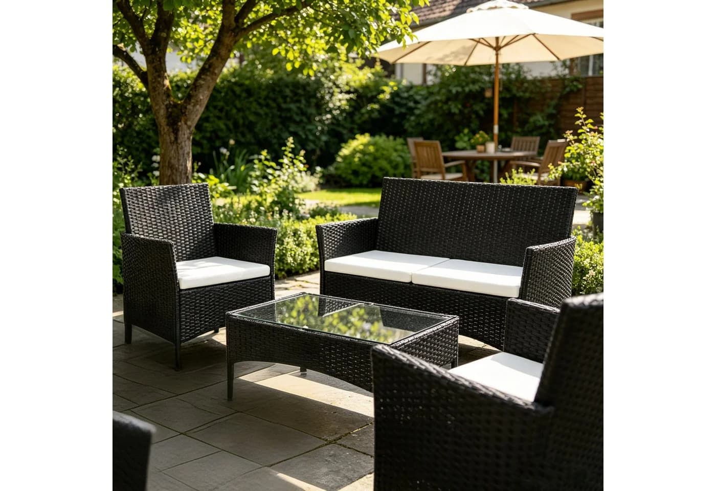 LEADZM Gartenlounge-Set 4-tlg. Schwarz PE-Rattan mit Glasplatte