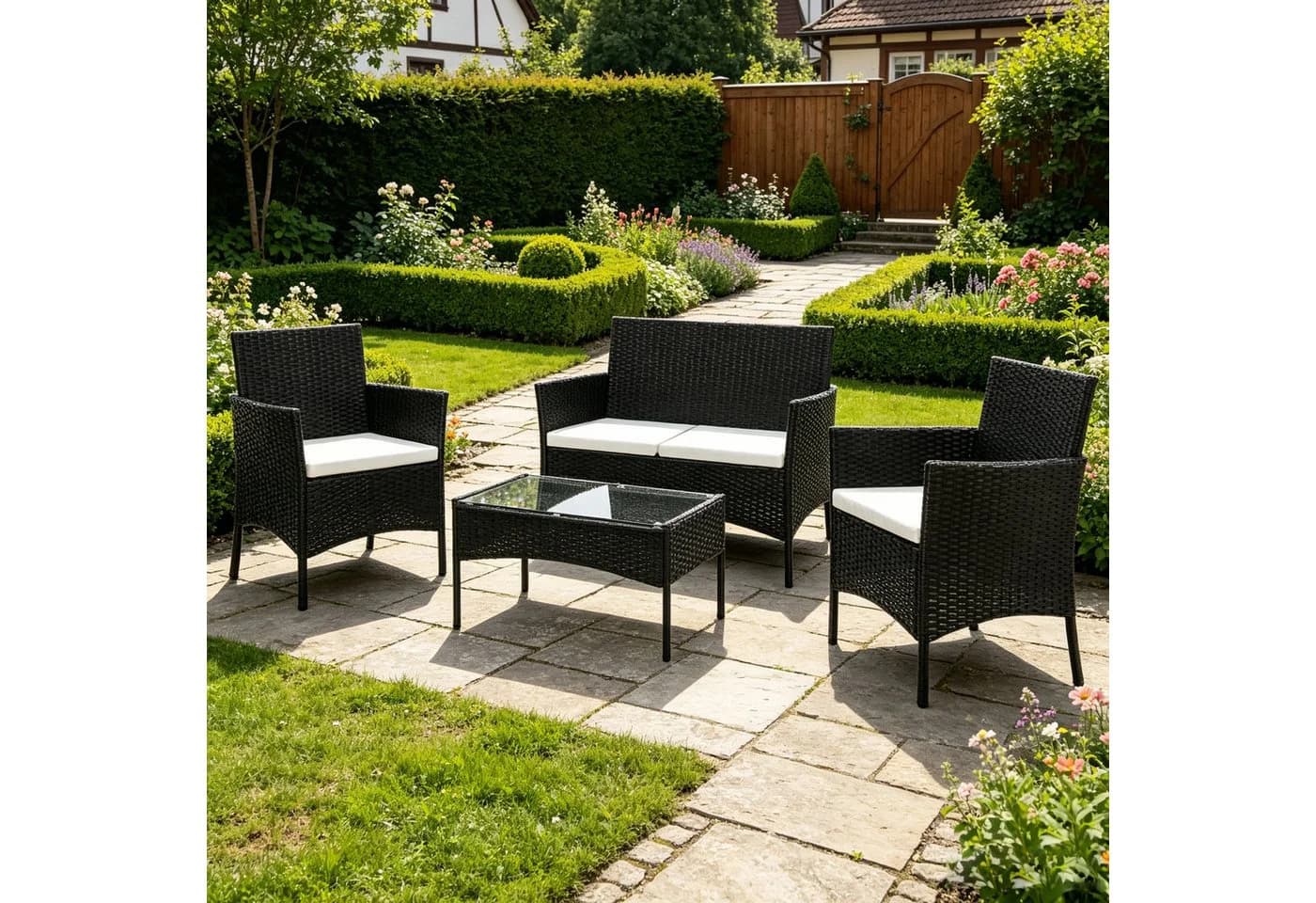 LEADZM Gartenlounge-Set 4-tlg. Schwarz PE-Rattan mit Glasplatte - Bild 3