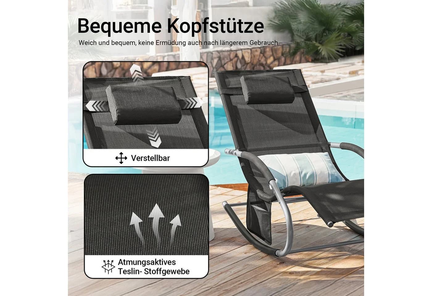 SoBuy Gartenliege OGS28 Schwarz Metall Kunstfaser mit Kopfkissen - Bild 4
