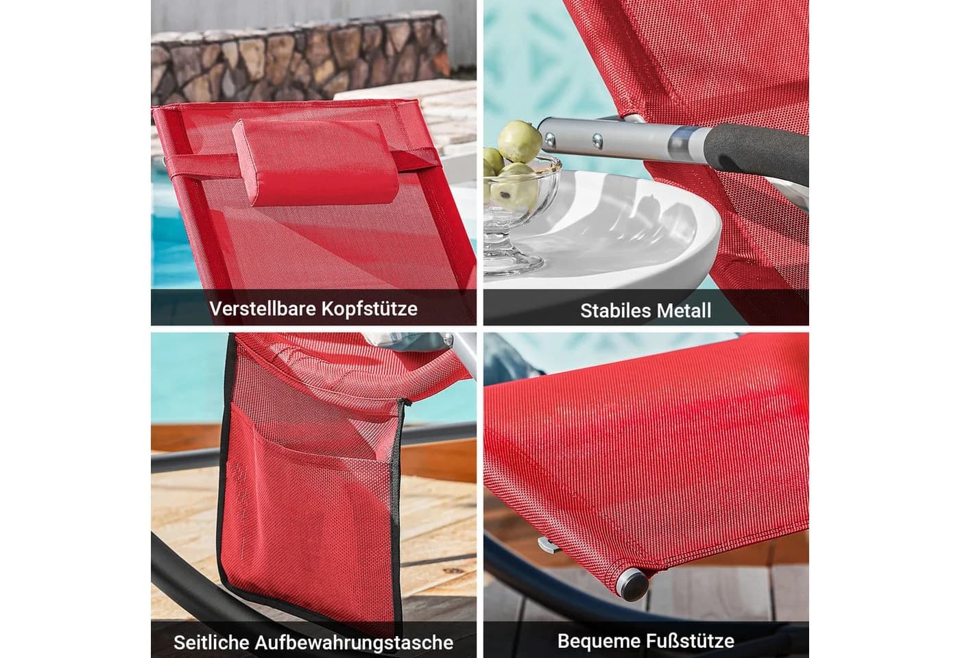 SoBuy Gartenliege OGS28 Relaxliege mit Kopfkissen Rot - Bild 5