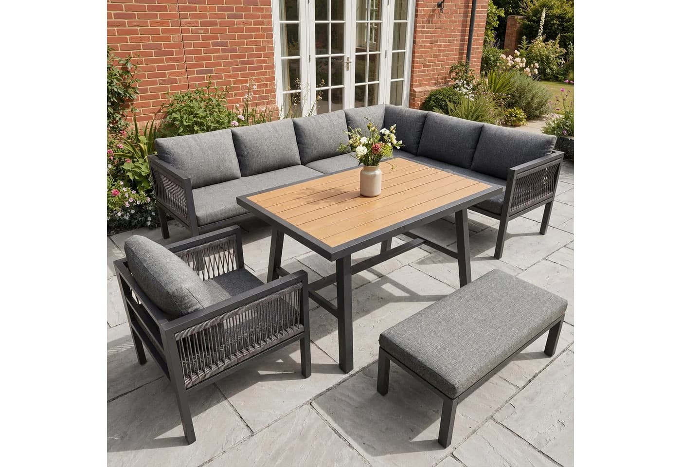 i@home Gartenlounge-Set 5-tlg. Grau Beige Seilgeflecht wetterfest