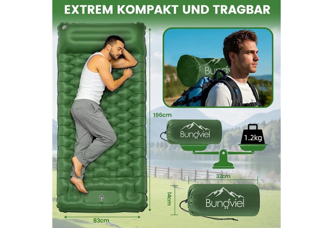 Bundviel Luftbett Isomatte 8cm Dick Faltbar Aufblasbar mit Fußpumpe