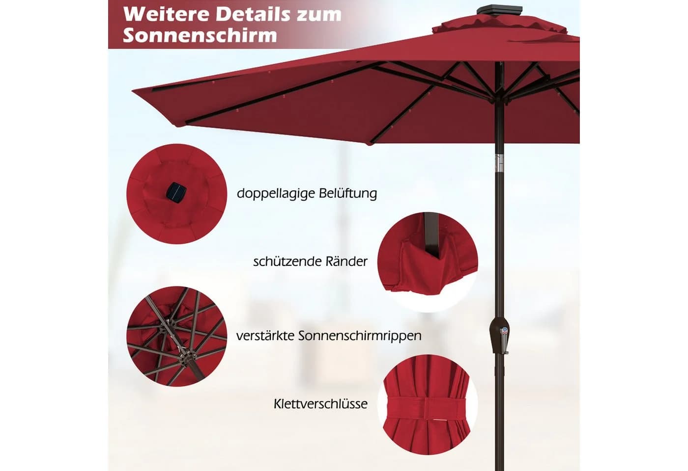 COSTWAY Gartenschirm 300 cm mit Solar LED Beleuchtung Weinrot - Bild 4