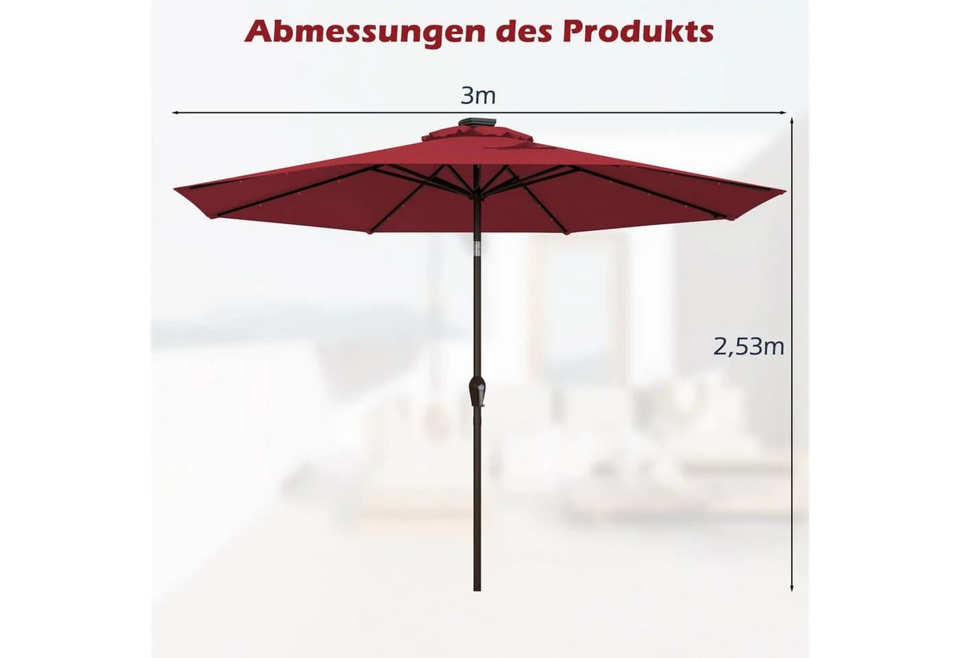 COSTWAY Gartenschirm 300 cm mit Solar LED Beleuchtung Weinrot - Bild 5
