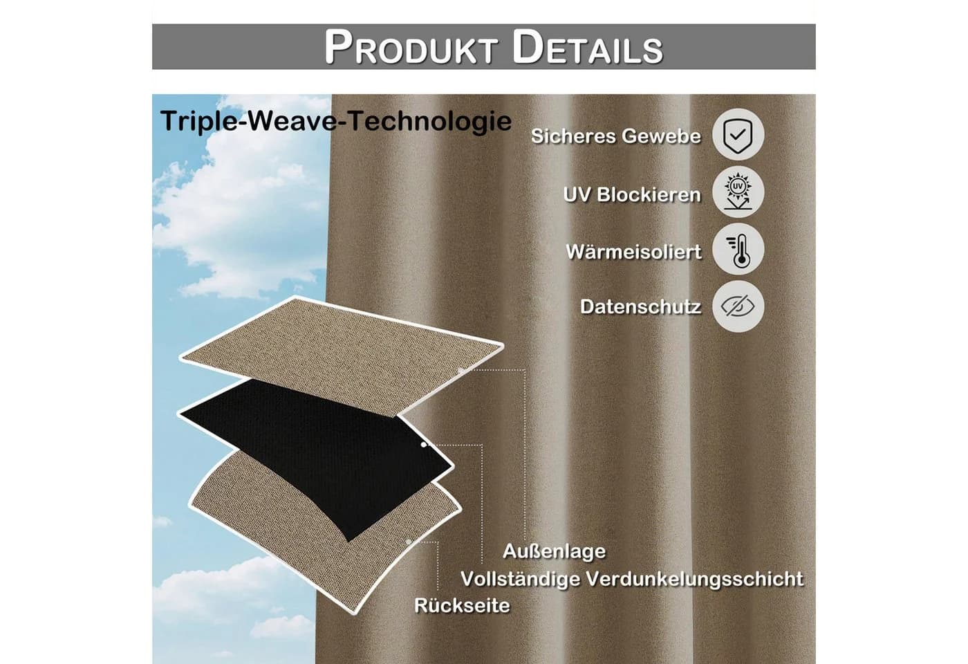 Sunicol Outdoorvorhang 100% Verdunkelnd Wasserdicht mit Ösen - Bild 4