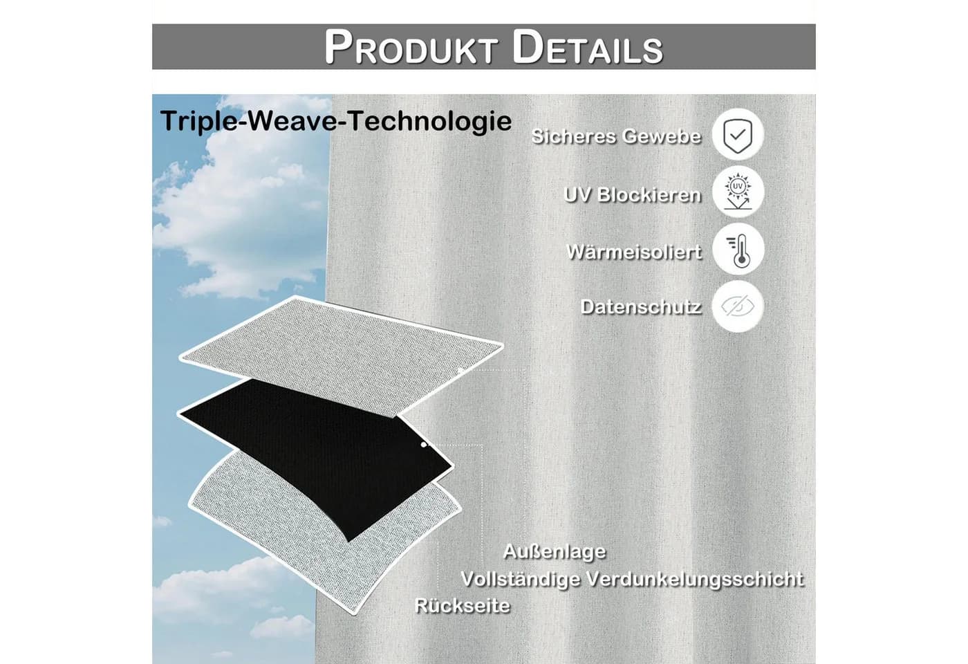 Lapalife Outdoorvorhang Verdunkelnd Wasserdicht Polyester Grau - Bild 5