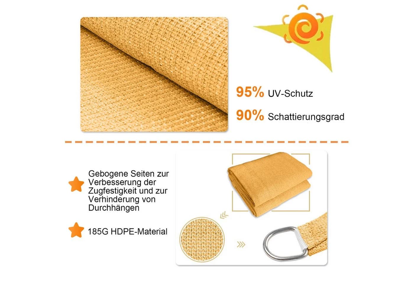 Rosnek Sonnensegel Rechteckig Gelb HDPE UV-Schutz wasserabweisend - Bild 3