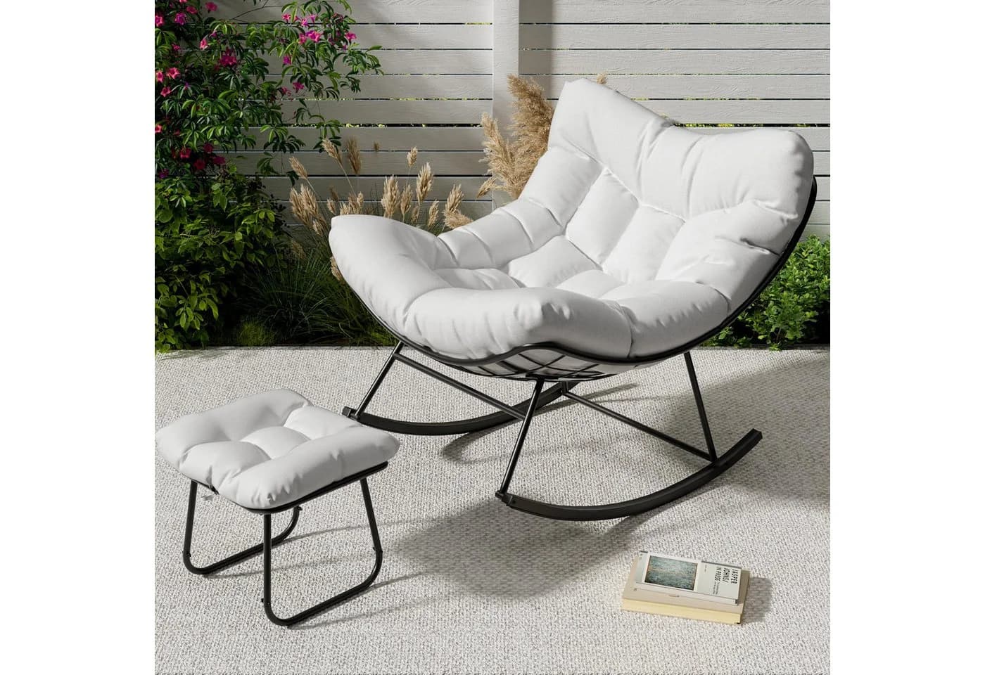 GarveeMore Schaukelsessel Grand Patio Outdoor Schaukelstuhl mit Fußhocker Modern Lounge Chair - Bild 3