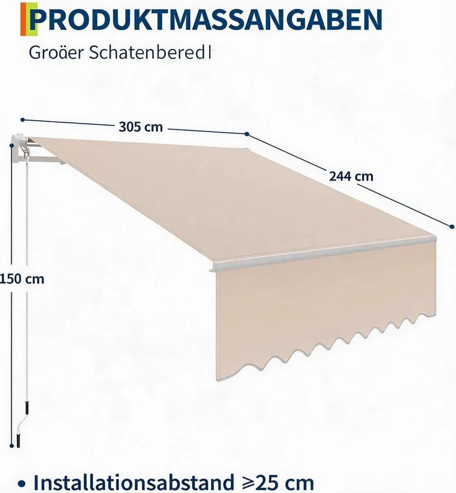 GarveeMore Gelenkarmmarkise 300x250 cm Grau UV40+ Wasserabweisend