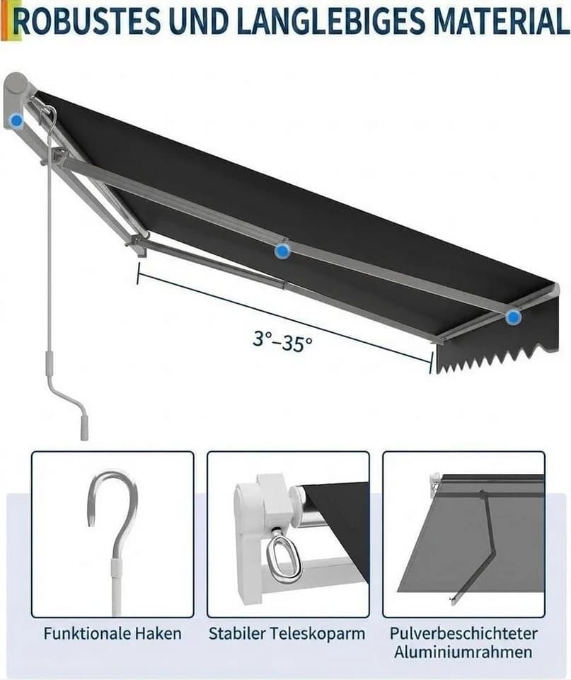 GarveeMore Gelenkarmmarkise Schwarz UV50+ Wasserabweisend - Bild 5