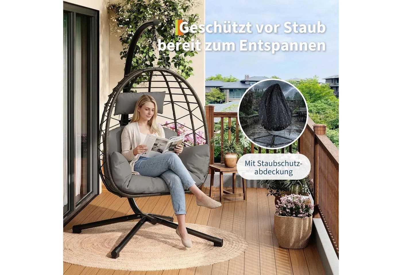 GarveeMore Hängesessel mit Gestell Outdoor Indoor Rattan Stahlgestell