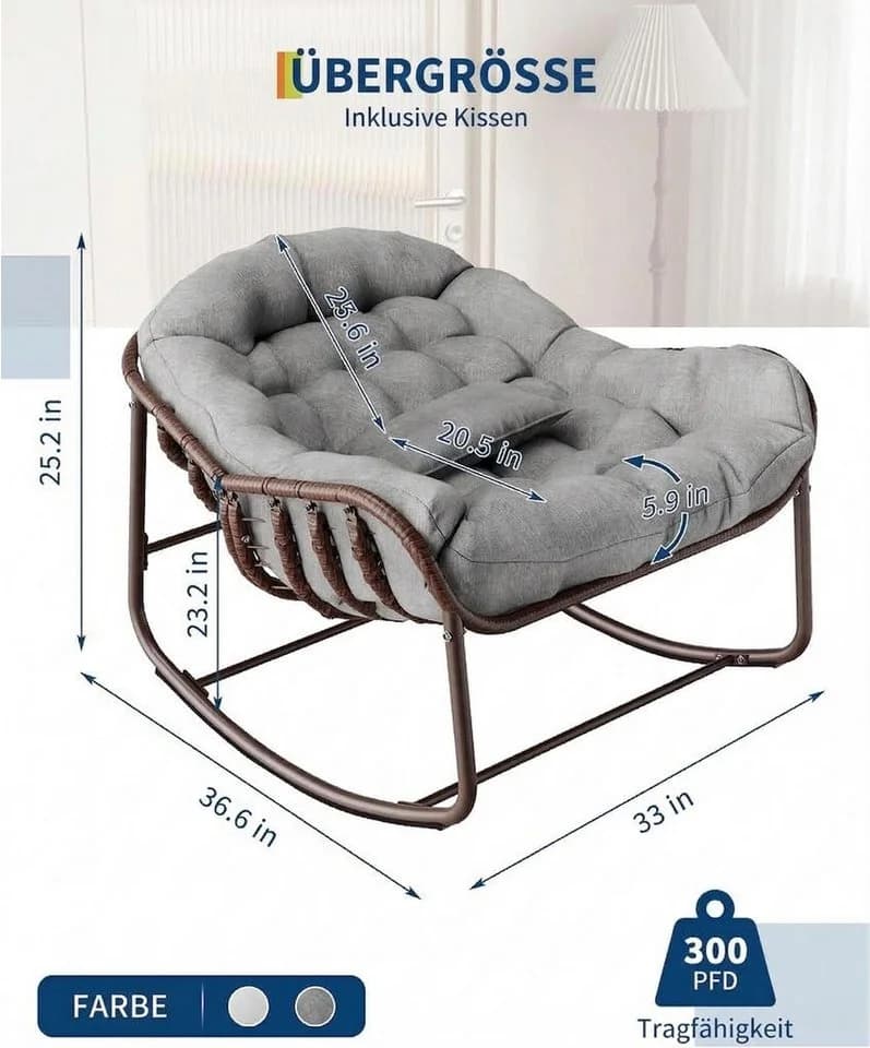 GarveeMore Schaukelstuhl mit Gepolstertem Kissen, Ei-Schaukelstuhl für Wohnzimmer, Garten, Outdoor Patio