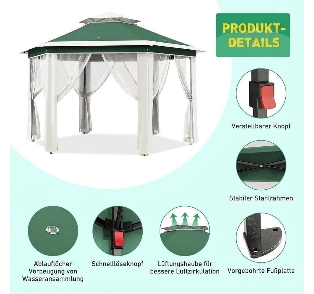 GarveeMore Gartenpavillon 400x400 cm Grün mit Seitenteilen