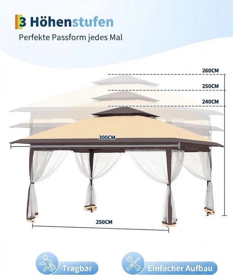 GarveeMore Faltpavillon 3x3m mit Moskitonetz Grau