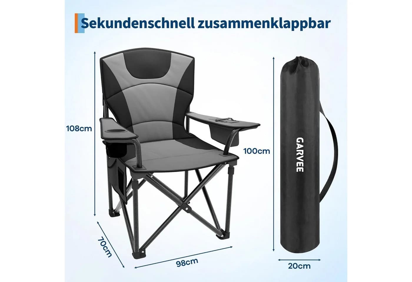 GarveeMore Campingstuhl faltbar Schwarz bis 200 KG belastbar