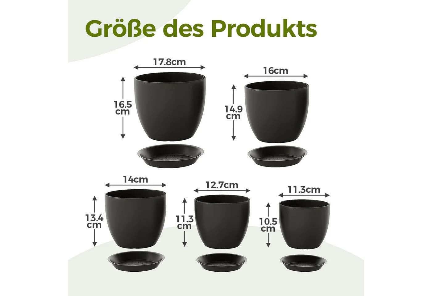 Bamworld Blumentopf 5er Set Schwarz Kunststoff mit Löchern & Untersetzern