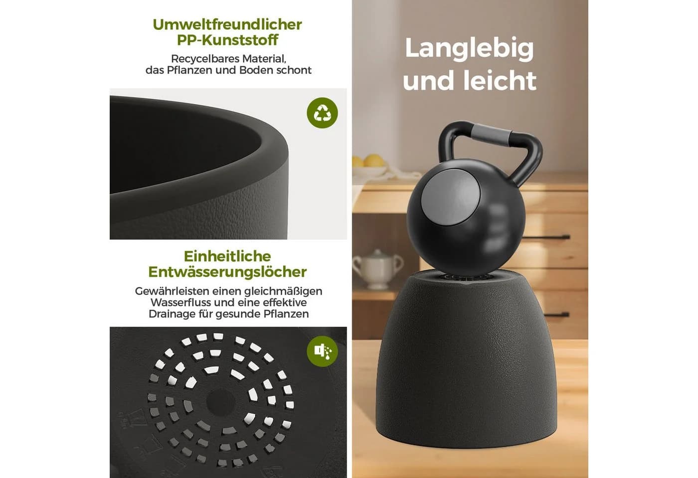 Bamworld Blumentopf 5er Set Schwarz Kunststoff mit Löchern & Untersetzern - Bild 4