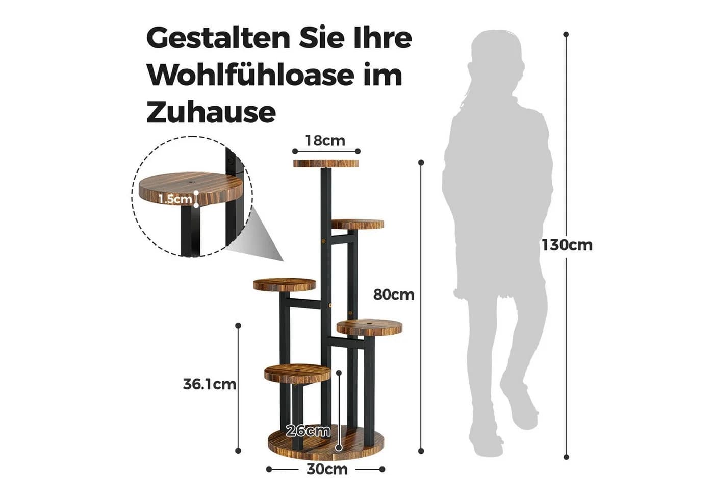 Bamworld Blumenständer Holz-Pflanzenständer, 5 Etagen, Metall