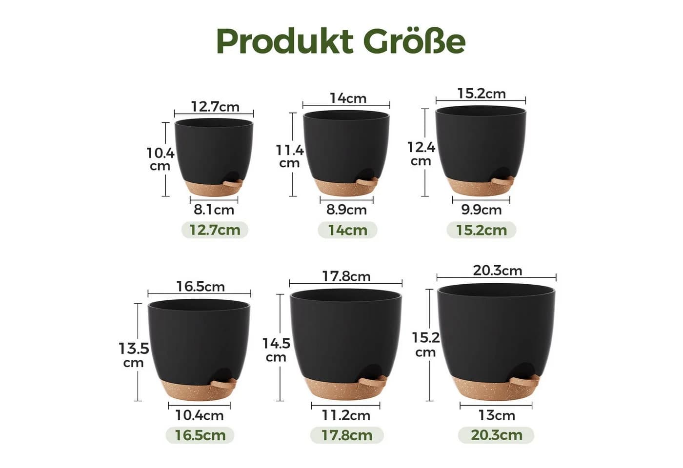 Bamworld Blumentopf 6er-Set Schwarz Selbstbewässerung Kunststoff