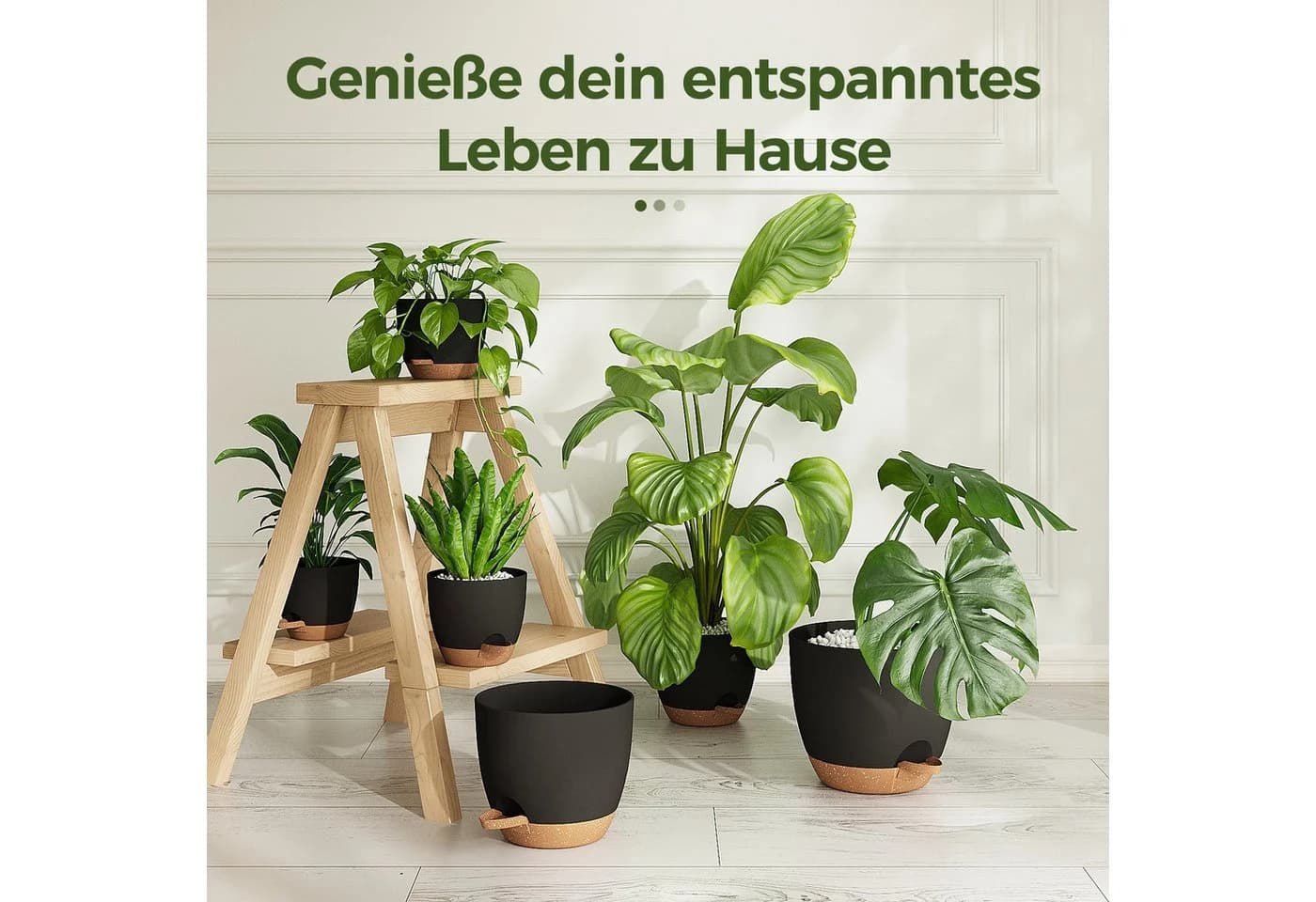 Bamworld Blumentopf 6er-Set Schwarz Selbstbewässerung Kunststoff - Bild 5