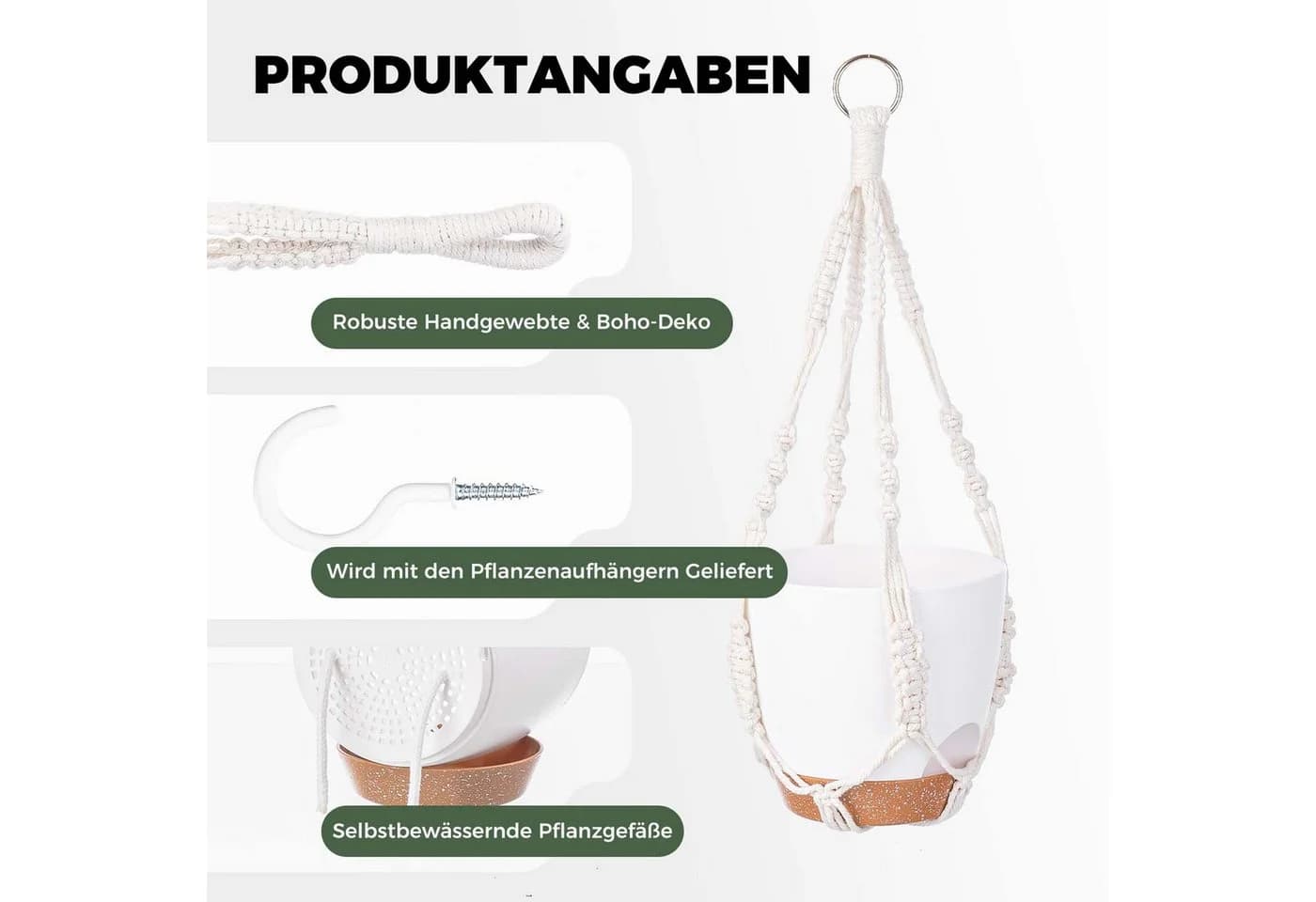 Hängekorb Set aus Baumwollseil und PP-Töpfen in Weiß - Bild 4