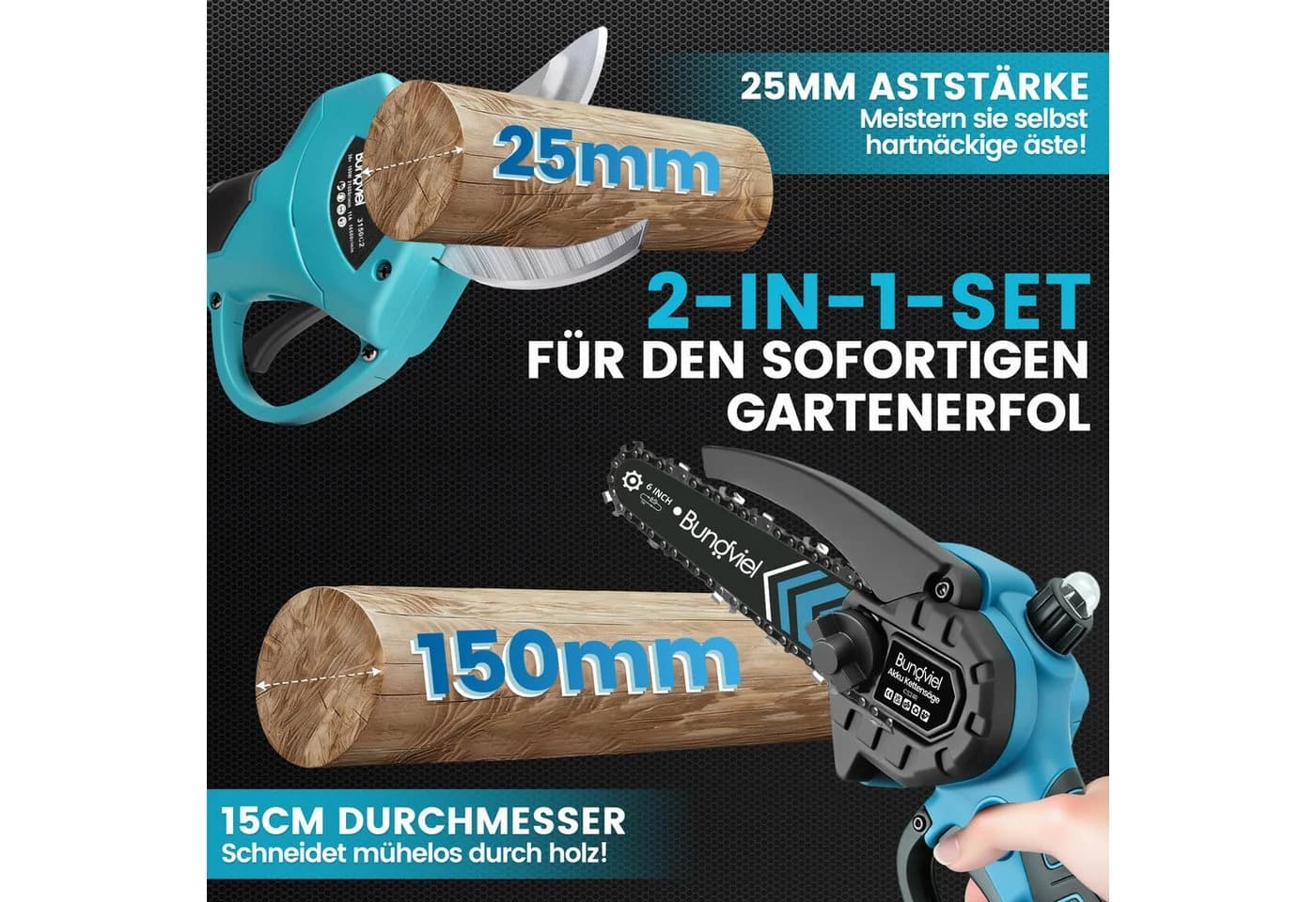 Bundviel Akku-Hochentaster 4-in-1 Bürstenlos Teleskop mit 2x 4000mAh Akku Blau - Bild 5