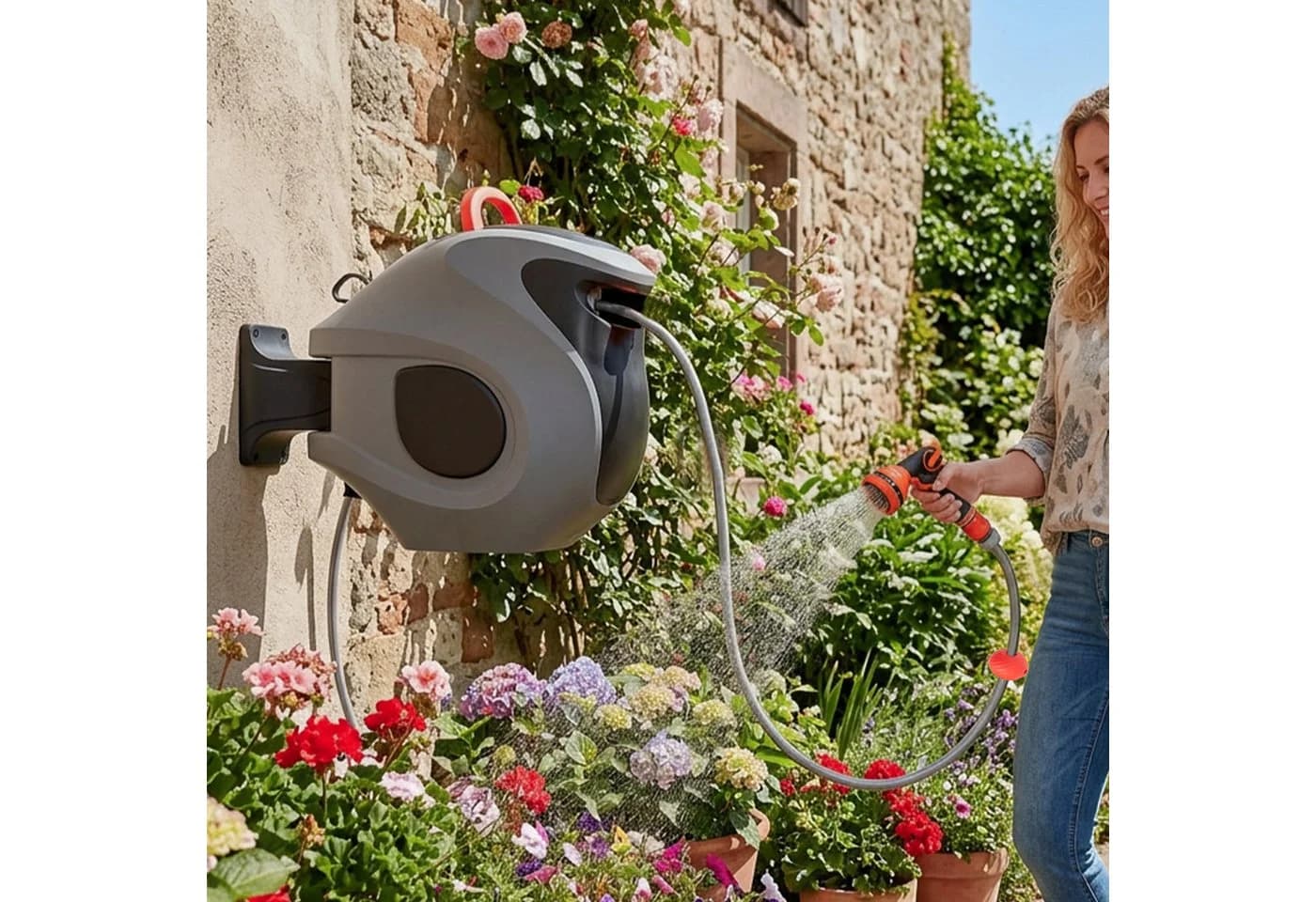 Luckice Wandschlauchbox 30m Automatisch Grau mit 9-Fach Sprühkopf - Bild 2