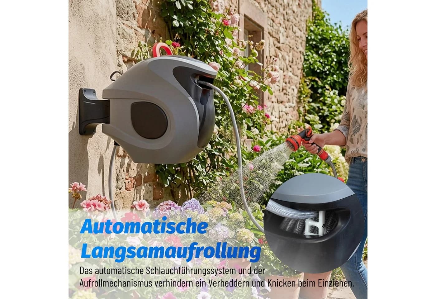 Luckice Wandschlauchbox 30m Automatisch Grau mit 9-Fach Sprühkopf - Bild 3