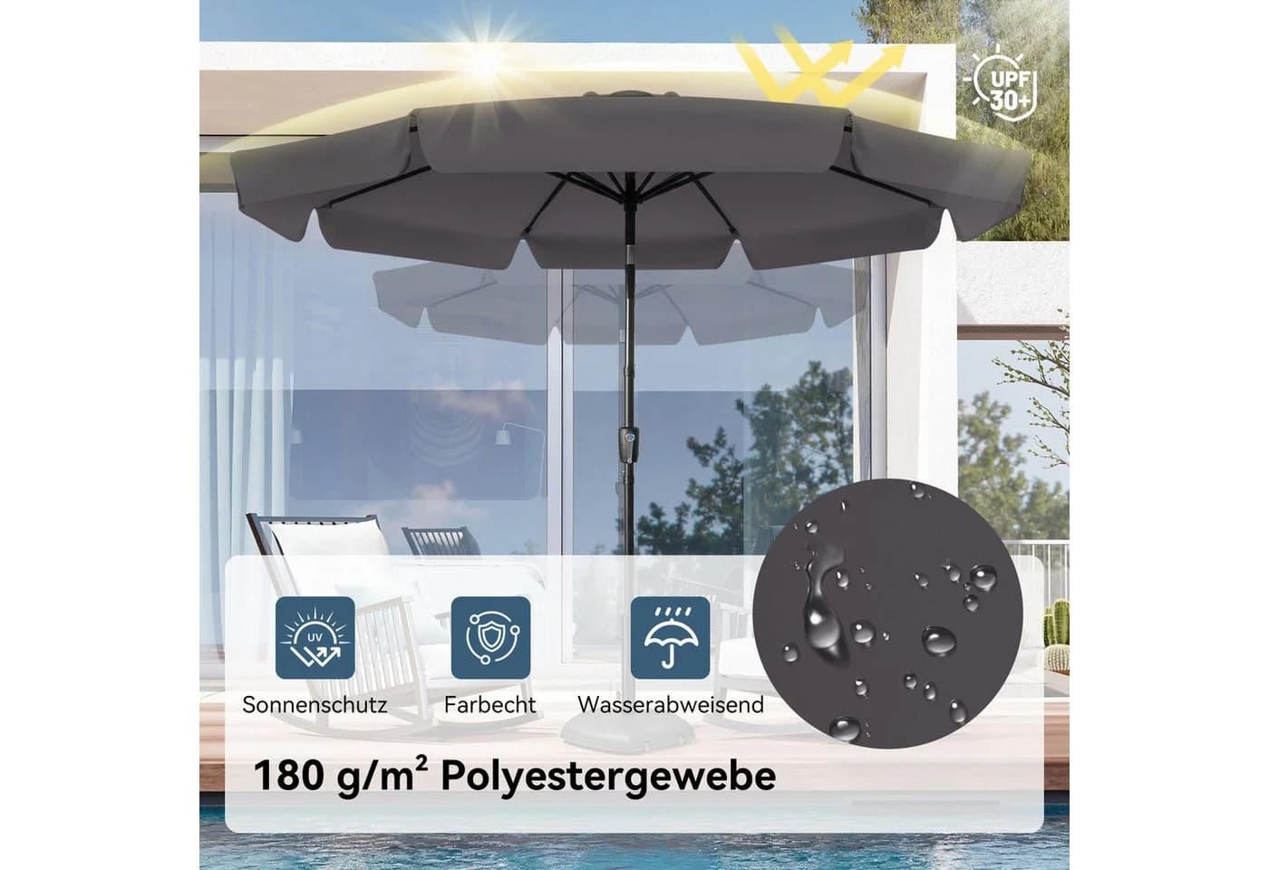 Puluomis Sonnenschirm Grau Neigbar mit Kurbel UPF 30+