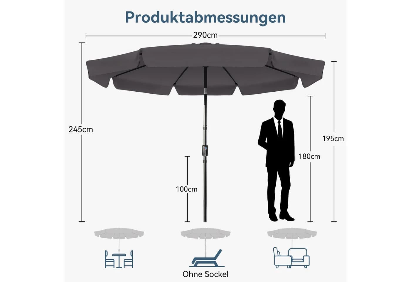 Puluomis Sonnenschirm Grau Neigbar mit Kurbel UPF 30+ - Bild 4