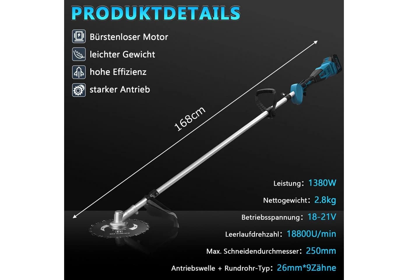 XERSEK Elektro-Rasentrimmer 1380W Akku-Freischneider Bürstenloser Motor