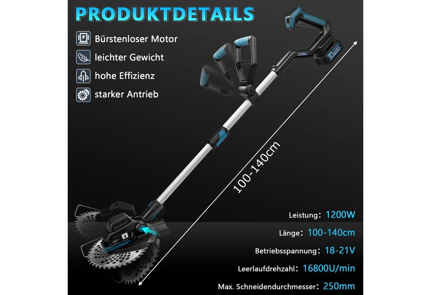 XERSEK Akku-Rasentrimmer 1200W mit Teleskop-Stiel und 2x 4.0Ah Akkus