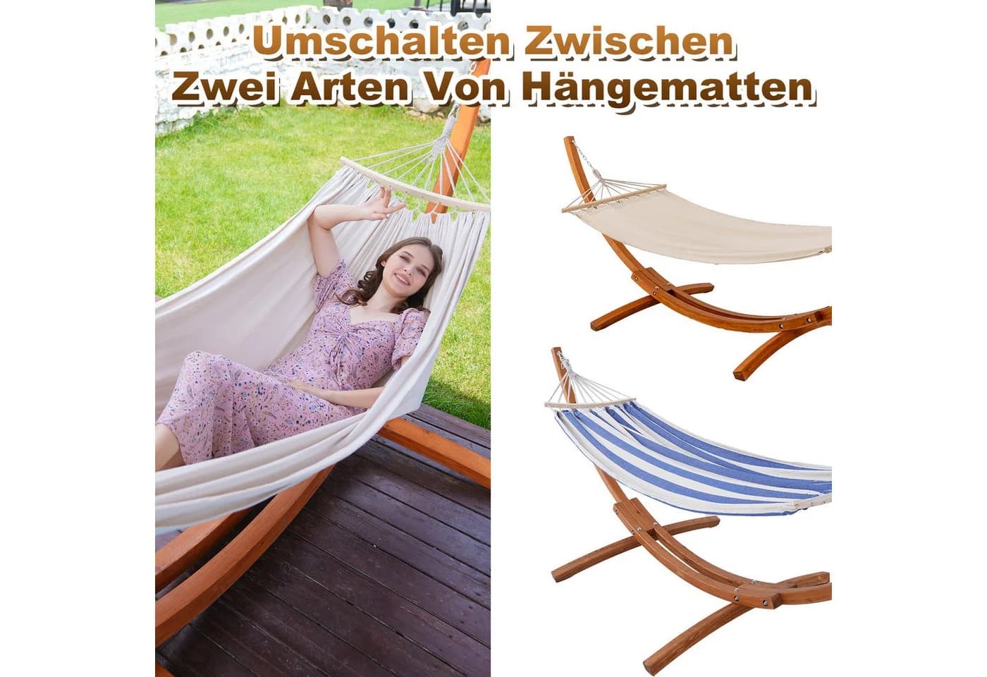 HOMAVO Hängematte mit Gestell 200kg Massivholz Weiß Braun